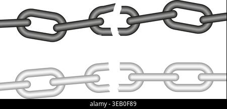 Vector set of metal chain links with broken connection concept in dark and light styles. Ideal for security strength failure business risk visuals or Stock Vector