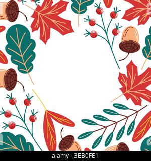 Autumn leaf frame with red maple leaves, green leaves, acorn, and berries for seasonal design. Fall concept vector illustration. Stock Vector