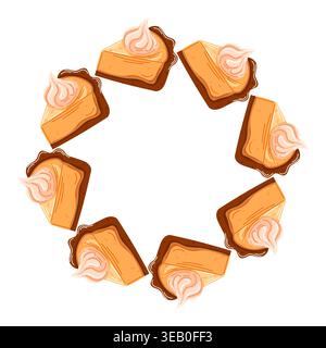Pumpkin pie slice wreath with creamy topping a delicious dessert. Food concept, a vector illustration for autumn, Thanksgiving. Stock Vector