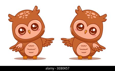 Cute owls pointer pointing with wing cartoon character vector isolated on white Stock Vector