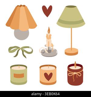 Hand-drawn autumn cozy seasonal interior decor illustrations, candles, table lamps, bow for packaging and fall vibes cozy projects Stock Vector