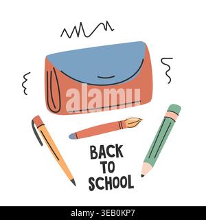 Colorful illustration of a pencil case with school supplies including pens and pencils, featuring the text "Back to School" in a playful design Stock Vector