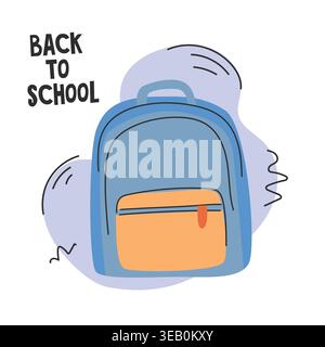 Illustration of a blue backpack with an orange pocket, accompanied by the text "Back to School" in a playful font on a light purple background Stock Vector