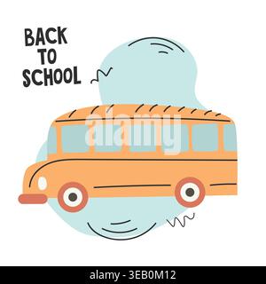 Illustration of a yellow school bus with a light blue background and the text "Back to School" in a playful font, suitable for educational themes and Stock Vector