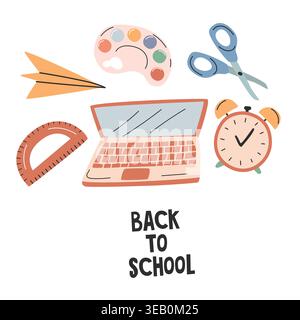 Colorful illustration of back-to-school items including a laptop, scissors, alarm clock, ruler, paper airplane, and paint palette arranged creatively Stock Vector