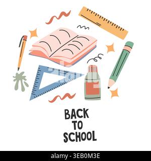 Colorful illustration of school supplies including a notebook, pencil, ruler, and paint bottle, arranged with decorative elements and the text "Back Stock Vector