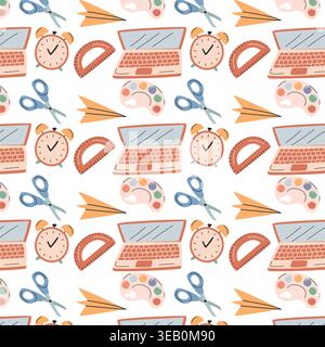 Colorful illustration of school supplies including a laptop, alarm clock, scissors, protractor, and paper airplanes arranged in a seamless pattern on Stock Vector