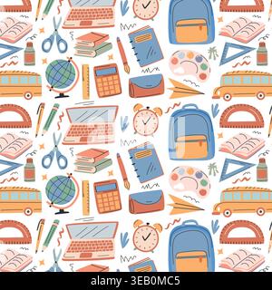 Colorful school-themed illustration featuring various educational items like books, a globe, a laptop, and stationery arranged in a playful pattern on Stock Vector