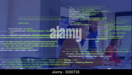 Reviewing team in casual attire leaning over screen at tech office, keyboard, code overlay Stock Photo