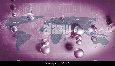 Displaying world map on magenta gradient, linking nodes with beams, circuit traces, caution icons Stock Photo