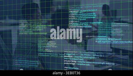 Displaying code overlay covering center in tech office, blending with green grid and monitors Stock Photo