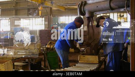 Operating man in blue jacket, hat manipulating conveyor and press at factory, with HUD graphics Stock Photo