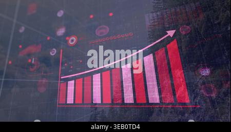 Displaying red pink ascending bar chart with curved arrow on virtual dashboard showing HUD icons Stock Photo