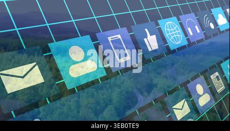 Floating curved digital ribbon stretching across forested valley, with semi-transparent icon tiles Stock Photo