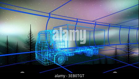 Displaying neon blue wireframe truck model in tubular grid tunnel over reflective floor, aurora sky Stock Photo