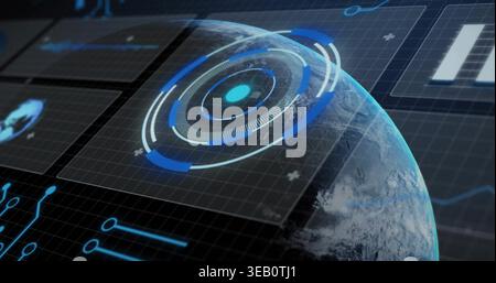 Displaying rendered partial globe rotating over virtual command-display, with holographic HUD rings Stock Photo