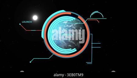 Displaying Earth-like planet rotating in spacecraft HUD with cyan rings, launch label, star Stock Photo