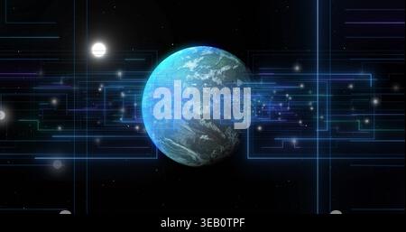 Displaying central Earthlike planet orbiting through neon grid in deep space, with glowing nodes Stock Photo