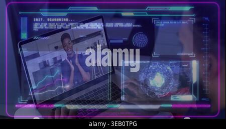 Displaying open laptop showing woman gesturing in dark top at home kitchen, keyboard, 3D globe HUD Stock Photo