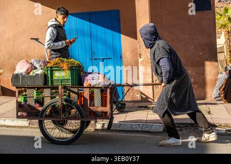 Tafroute, Morocco - December 25, 2025 - Young man with his phone in traditional clothes and an old wheelbarrow. Urban scene in Tafraout, in the Anti-A Stock Photo
