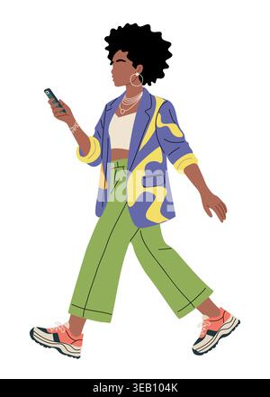 Afro woman strides confidently, phone in hand Stock Vector