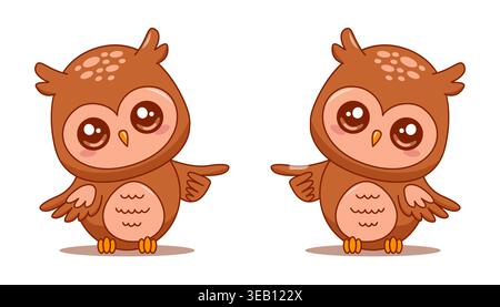 Cute owls pointer pointing with wing cartoon character vector isolated on white. Stock Vector