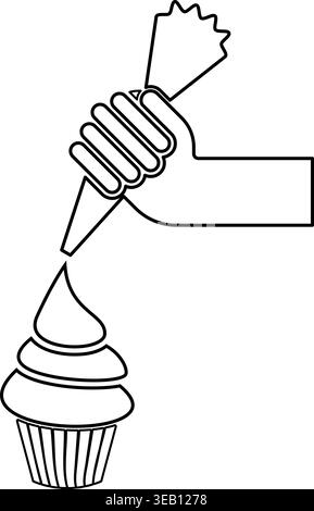 Confectionery syringe icing pastry cupcake pastry with cream contour outline line icon black color vector illustration image thin flat style simple Stock Vector