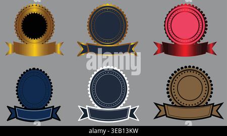 Collection of blank vintage award badges with elegant ribbons featuring gold, red, and blue metallic finishes for custom certificates, quality labels, Stock Vector