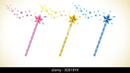 Set of colorful fairy wands, clip art collection. Pink, golden and blue magic wand with shiny stars and glitters. 3D graphic design. Stock Vector