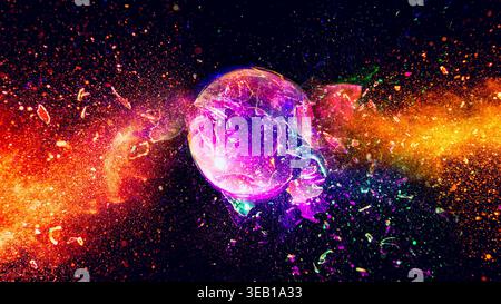 Glowing sphere shattering dust explosion against a dark background Stock Photo