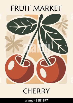 Cherry fruit retro poster with green leaves Stock Vector