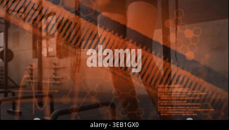 Overlaying semi-transparent spine graphic dominating gym, showing squat racks, barbells, hex grid Stock Photo