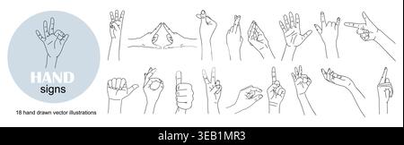 Hand signs and gestures set in line art style Stock Vector