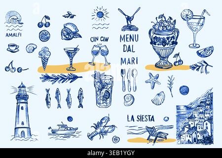 Vintage Italian cuisine icons with wine glasses, Mediterranean dishes, and seaside elements in charming crayon hand sketched doodle art perfect for Stock Vector