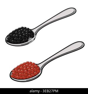 Vector illustration of two spoons filled with black caviar and red caviar, isolated on white background Stock Vector