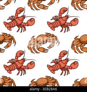 Seamless vector pattern of red lobsters and brown crabs on a white background, illustration Stock Vector