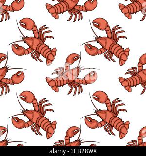 Seamless vector pattern of red lobsters on a white background for seafood themes Stock Vector