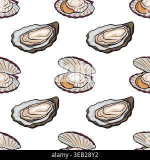 Seamless vector pattern of fresh, open oysters and scallops with detailed textures on a white background Stock Vector