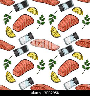 Fresh salmon fillets with lemon slices, parsley and salt and pepper shakers, seamless vector pattern background Stock Vector