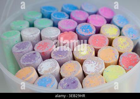 Colorful chalks. Set chalk for drawing on the street. Hobby and craft. Stock Photo
