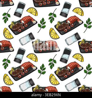 Delicious seafood and steak platter vector pattern with lemon and herbs Stock Vector