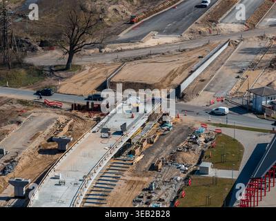 Aerial view of Southern Bridge phase 4 construction in Riga, Latvia Stock Photo