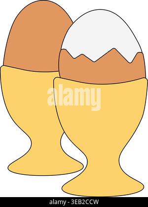 Set of two soft-cooked eggs in ceramic cups. Egg Colored composition hand drawn illustration. Vector graphic line art. Traditional English boiled eggs Stock Vector