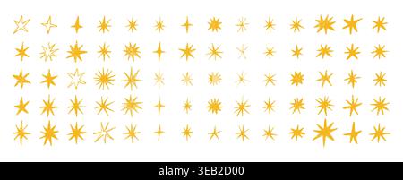 Chalk pencil stars and sparkles doodle set. Crayon Twinkle, blink, firework, glitter silhouette and glowing symbols in sketch style, Hand drawn vector illustration isolated on white background Stock Vector
