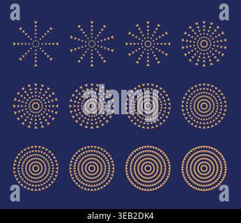 Stylized tribal round sun shapes with rays. Abstract atec style geometric frames. Bohemian vector illustration for logo, pattern, design. Stock Vector