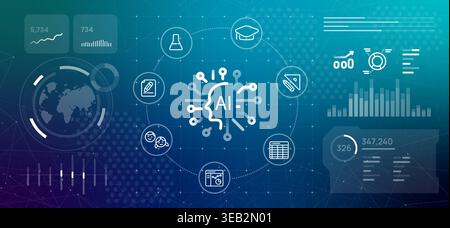 Artificial intelligence education application banner icons for science graduation cap ruler and pencil for smart learning technology and online Stock Vector