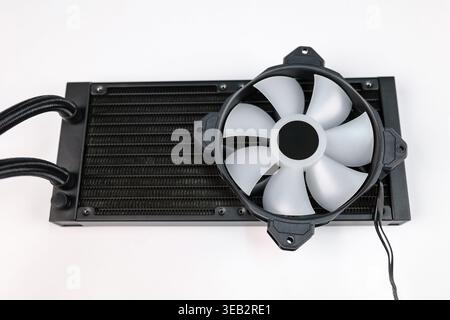 PC Liquid Cooling System Radiator with Fan on White Background, Computer Hardware Cooling and Gaming Performance Concept. Stock Photo