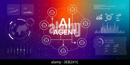 Multi agent artificial intelligence system concept robot for automated workflow management and complex task processing corporate technology Stock Vector