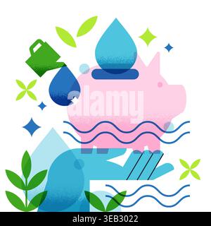 Water saving and money economy vector concept. Piggy bank with water drops, watering can and green leaves. Abstract geometric environmental design Stock Vector