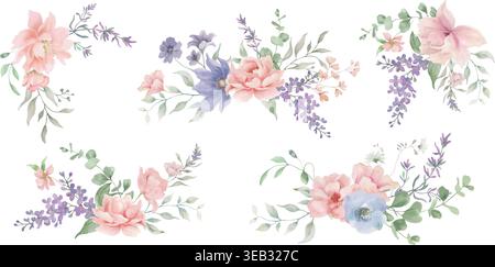 Detailed hand painted watercolor floral collection feauturing delicate pink roses, wild meadow flowers, lilac, eucalyptus leaves, greenery. Vector. Stock Vector